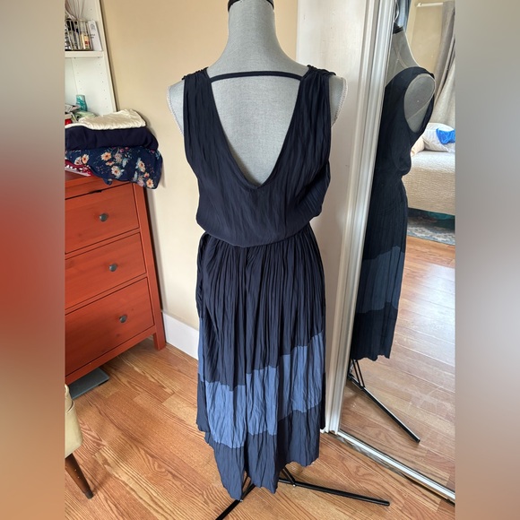 Ramy Brook Gia Navy & Slate Pleated Maxi Dress | Size Small | Asymmetrical Hem - Picture 4 of 6